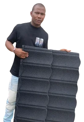 Steven Gabriel, founder of BrightStar Roofing, holding a stone-coated roofing sheet